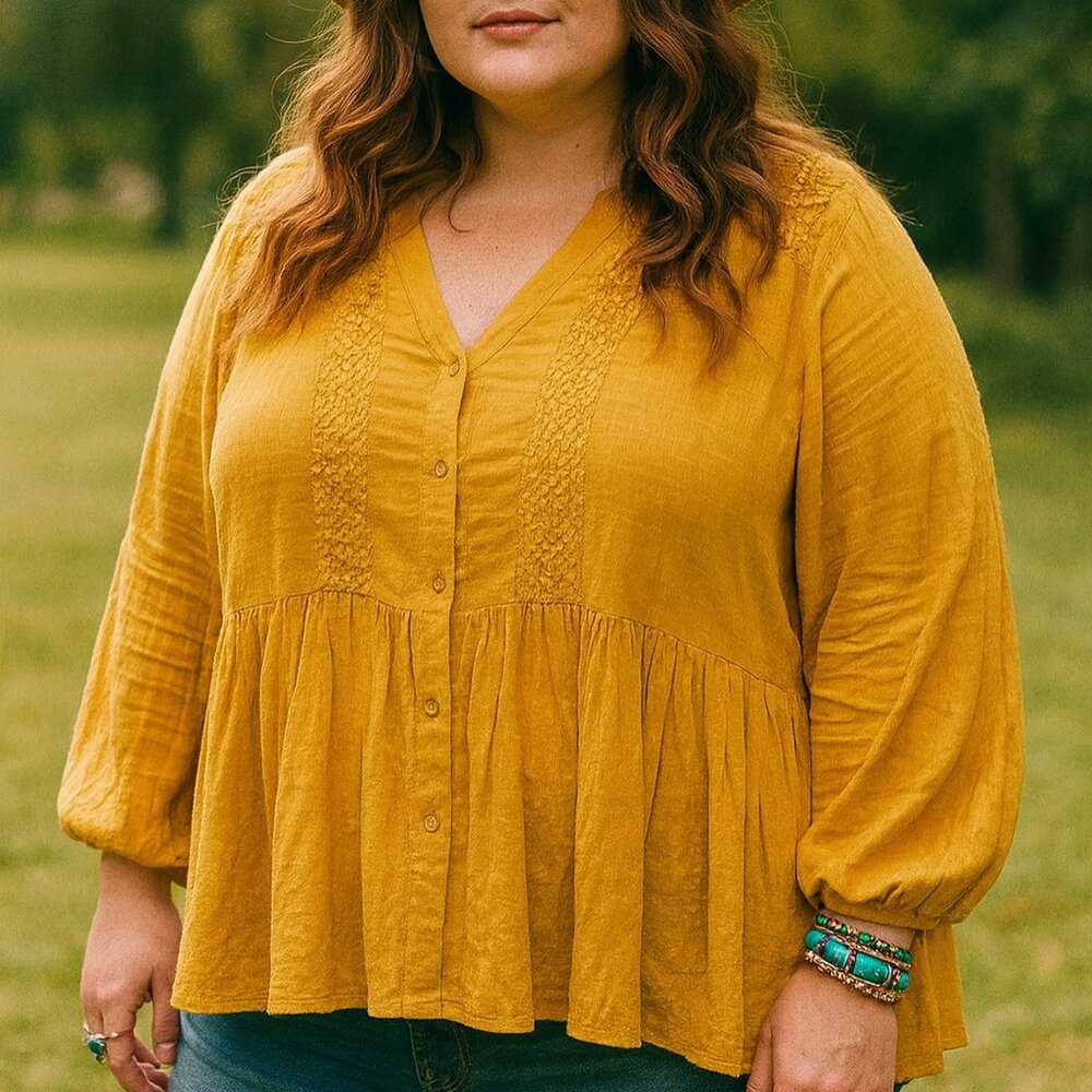 Lane Bryant Boho Blouse Women’s 24 Yellow Mustard V-Neck Button Up Lace Shirt - Picture 3 of 13